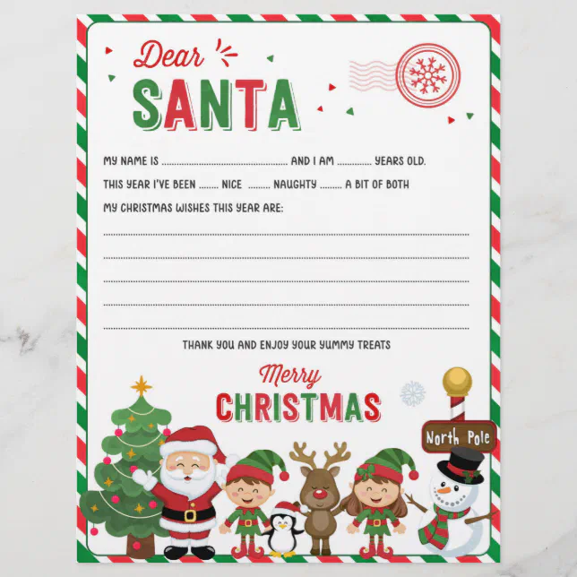 Dear Santa Christmas Letter, Wish List for kids | Zazzle
