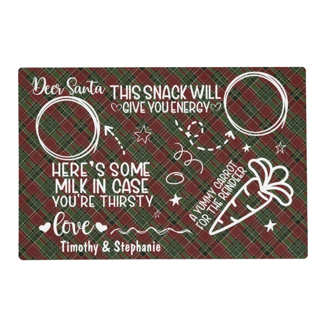 Dear Santa Cookie and Milk Burgundy Green Plaid Placemat (Front)