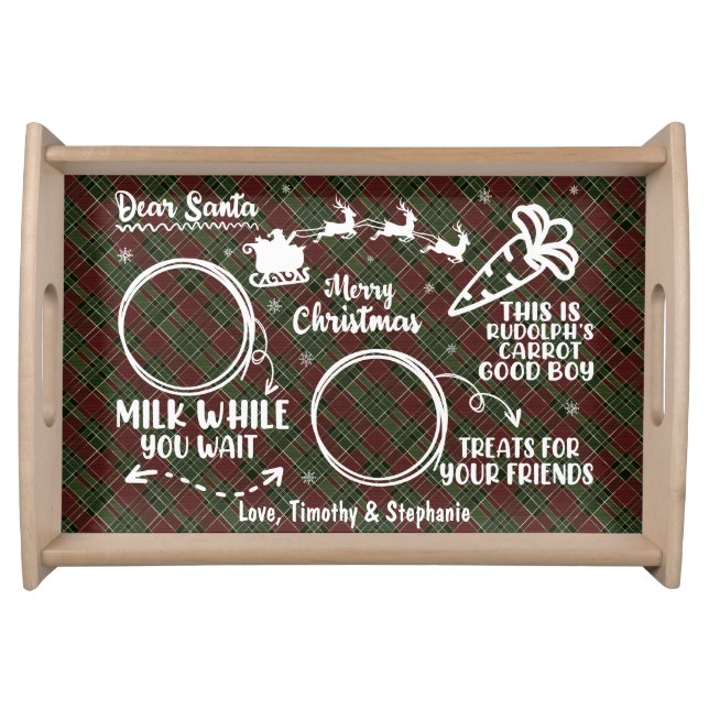 Dear Santa Cookie Burgundy Green Plaid Serving Tray (Front)