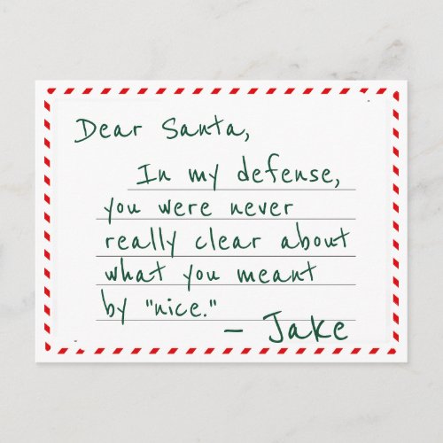 Dear Santa Defendant Plea Funny Christmas Postcard