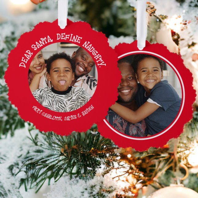Dear Santa Define Naughty Photo Christmas Ornament Card (Dear Santa Define Naughty Photo Christmas Ornament Card from Ricaso. Bold red and white photo cards)
