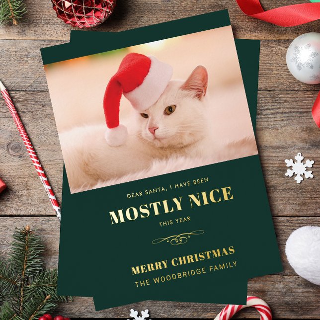 Dear Santa Funny Cat Photo Christmas Foil Holiday Card (Dear Santa Meowy and Bright Cat Photo Christmas Foil Holiday Card)