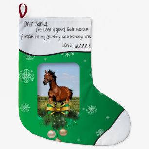 Dear Santa Green ADD YOUR HORSE Photo and Name Large Christmas Stocking
