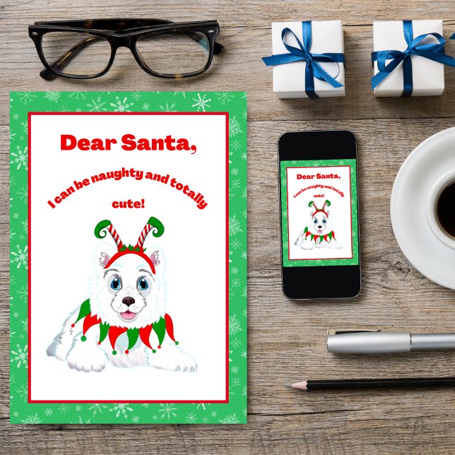 Dear Santa, I Can Be Naughty And Cute Samoyed Card (A cute Samoyed Christmas card.)