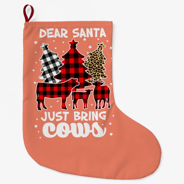 Dear Santa Just Bring Cows Christmas Buffalo Plaid Large Christmas Stocking (Front)