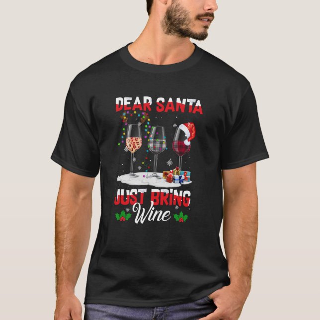 Dear Santa Just Bring Wine Leopard Christmas Light T-Shirt (Front)