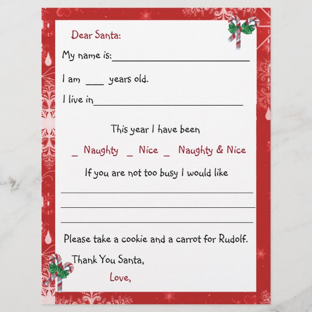 Dear Santa Letter, Candy Canes and Snowflakes (Front)