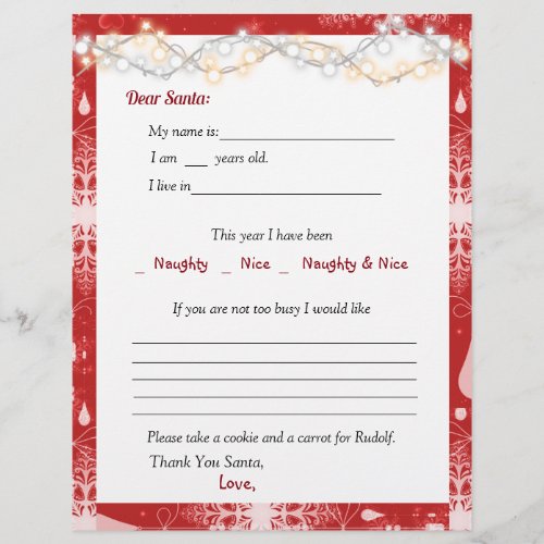 Dear Santa Letter Pretty Lights and Snowflakes