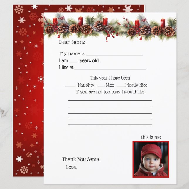 Dear Santa Letter, with Childs Photo (Front/Back)