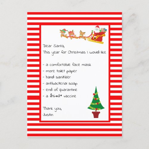 Dear Santa List Funny 2021 Christmas Holiday Postcard
