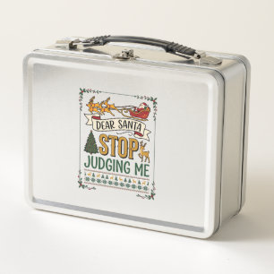 Dear Santa Stop Judging Me Christmas Reindeer Tree Metal Lunch Box