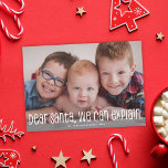 Dear Santa We Can Explain Funny Holiday Photo Card<br><div class="desc">This cute holiday photo card features a full-bleed (to the edges) photo and a funny greeting in white which says "Dear Santa, we can explain". This design accommodates a single horizontal photo on the front. The back of the card is a classic stripe pattern in aqua and white, which can...</div>