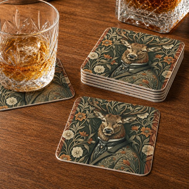Dear Stag in Vintage Clothing Magic Woodland Square Paper Coaster (Creator Uploaded)