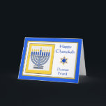 Dearest Friend Chanukah Contemporary Menorah Card<br><div class="desc">Happy Chanukah Dearest Friend,  contemporary menorah with blue candles,  paper greeting card. Digital illustration with a lit menorah and a Star of David. Art,  image,  and verse copyright © Shoaff Ballanger Studios,  2024.</div>