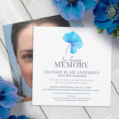 Death Anniversary blue watercolor flower photo Invitation