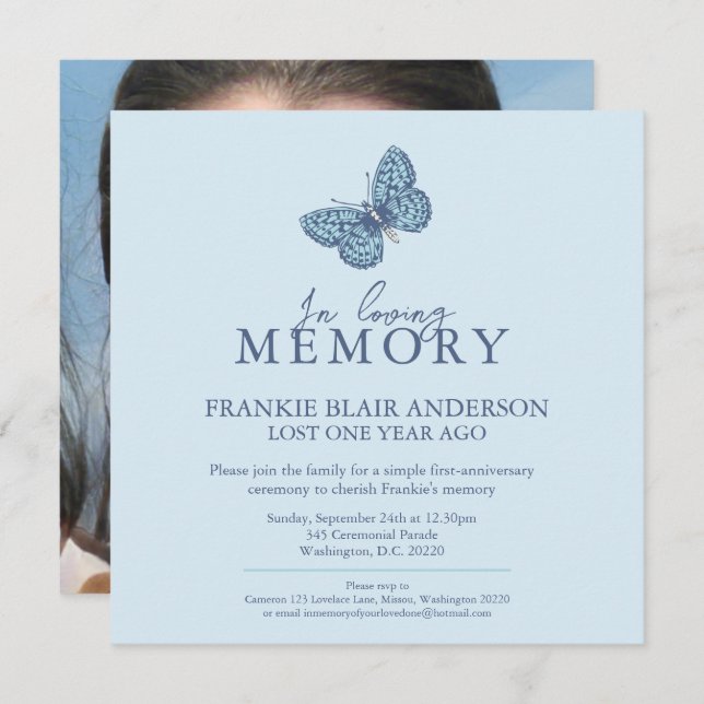 Death Anniversary blue white butterfly photo Invitation (Front/Back)