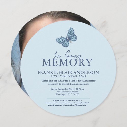 Death Anniversary blue white butterfly photo round Invitation