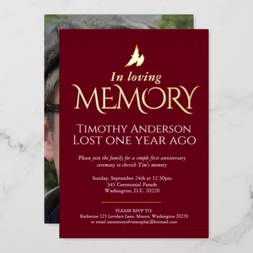 Death Anniversary dove photo dark red foil Foil Invitation