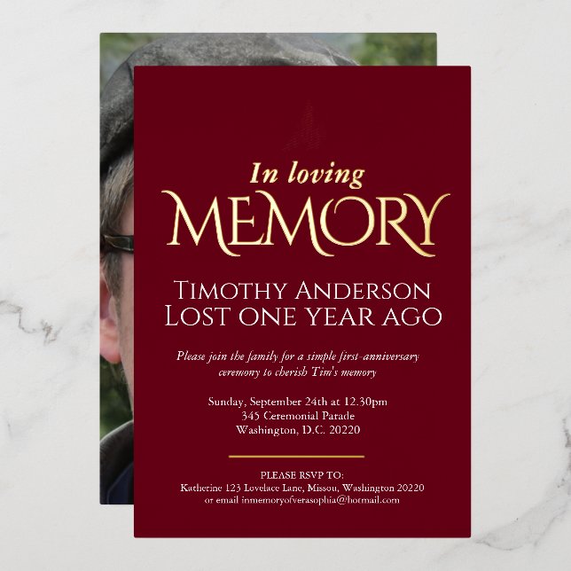 Death Anniversary dove photo dark red foil Foil Invitation (Front/Back)