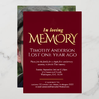 Death Anniversary dove photo dark red foil Invitation