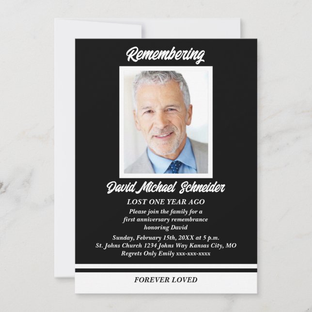 Death Anniversary Photo on Black and White Invite (Front)