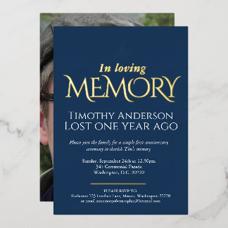 Death Anniversary white dove blue white photo Foil Invitation