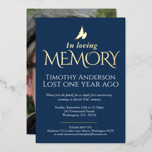 Death Anniversary white dove blue white photo Foil Invitation