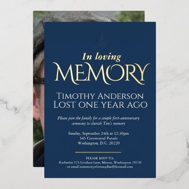 Death Anniversary white dove blue white photo Foil Invitation (Front/Back)