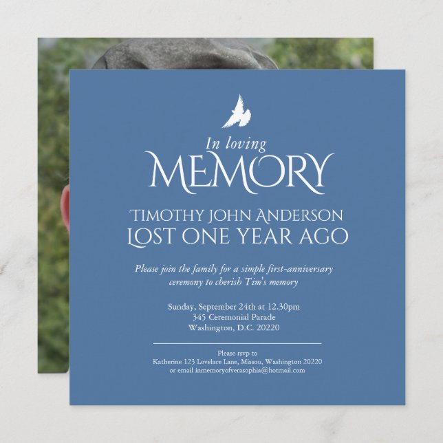 Death Anniversary white dove blue white photo Invitation (Front/Back)