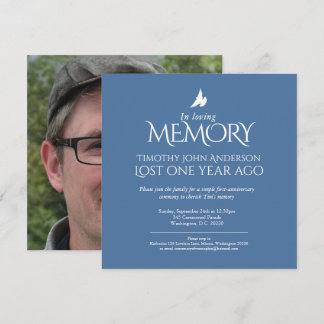 Death Anniversary white dove blue white photo Invitation