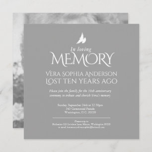 Death Anniversary white dove gray white photo Invitation