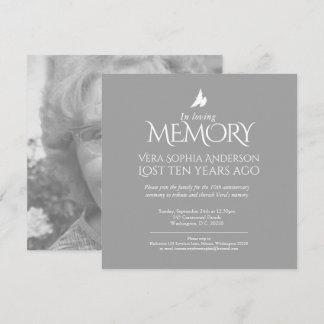 Death Anniversary white dove gray white photo Invitation