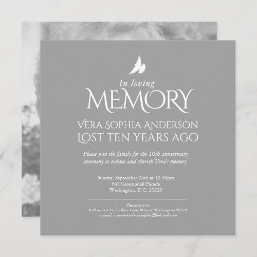 Death Anniversary white dove gray white photo Invitation