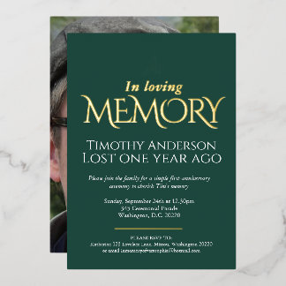 Death Anniversary white dove green white photo Foil Invitation