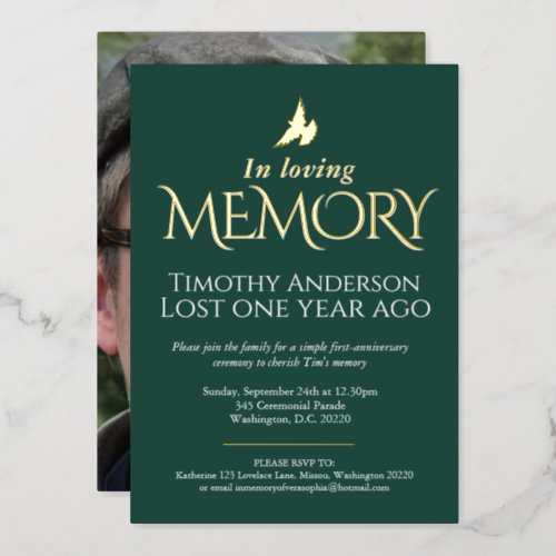 Death Anniversary white dove green white photo Foil Invitation