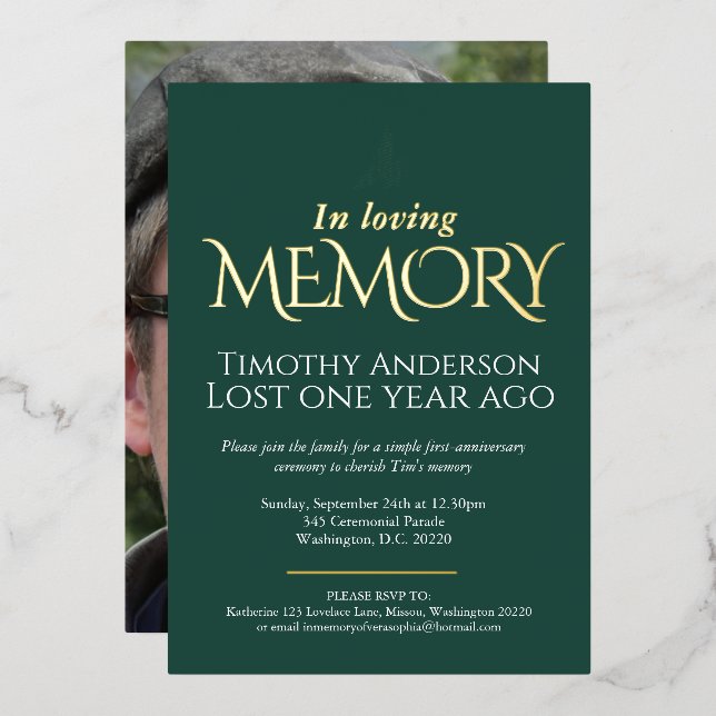 Death Anniversary white dove green white photo Foil Invitation (Front/Back)