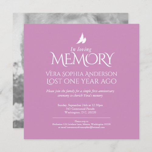 Death Anniversary white dove pink white photo Invitation