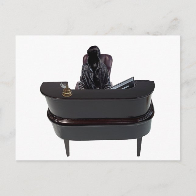 Death at a Service reception Desk with computer an Postcard (Front)