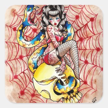 Death Becomes Her Pin Up Girl Tattoo Flash Square Sticker by NeverDieArt at Zazzle