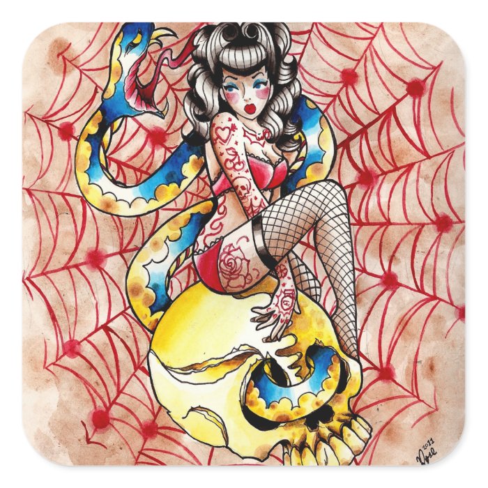 Death Becomes Her Pin Up Girl Tattoo Flash Square Stickers