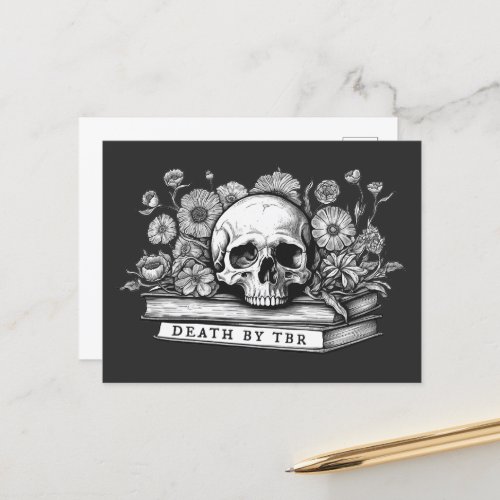 Death by tbr skull and books  postcard