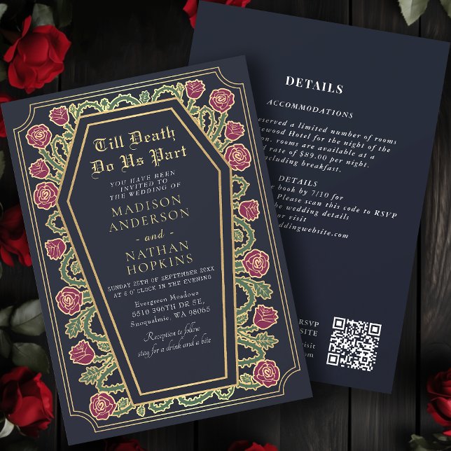 Death Do Us Part Gold Blue Gothic Wedding QR Code Invitation (Creator Uploaded)