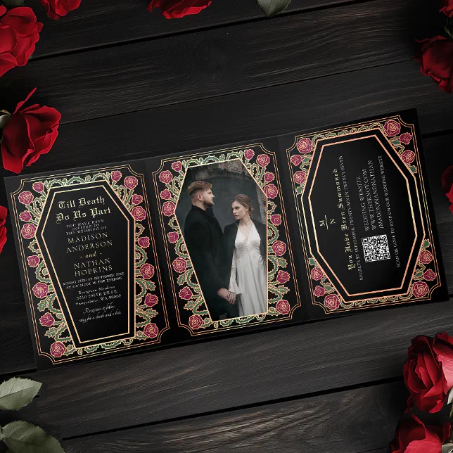 Death Do Us Part Rose Black Gothic Wedding QR Code Tri-Fold Invitation ...
