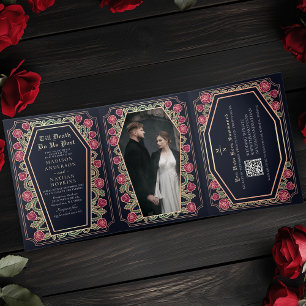 Death Do Us Part Rose Blue Gothic Wedding QR Code Tri-Fold Invitation