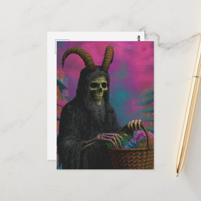 Death Doing His Grocery Shopping Postcard (Front/Back In Situ)