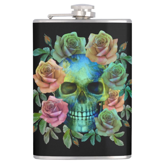DEATH GREEN SKULL WITH FLOWERS FLASK (Front)