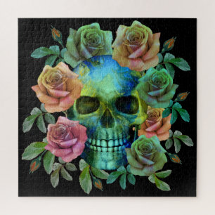 DEATH GREEN SKULL WITH FLOWERS JIGSAW PUZZLE