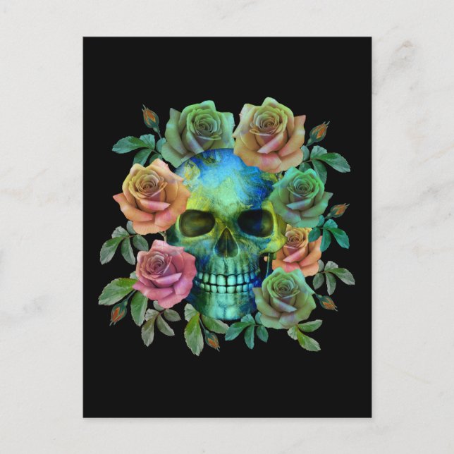 DEATH GREEN SKULL WITH FLOWERS POSTCARD (Front)