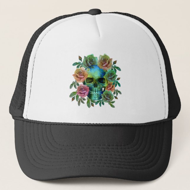 DEATH GREEN SKULL WITH FLOWERS TRUCKER HAT (Front)