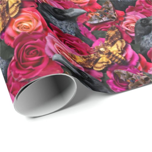 Death Head Hawk Moth Gothic Raven and Roses Wrapping Paper